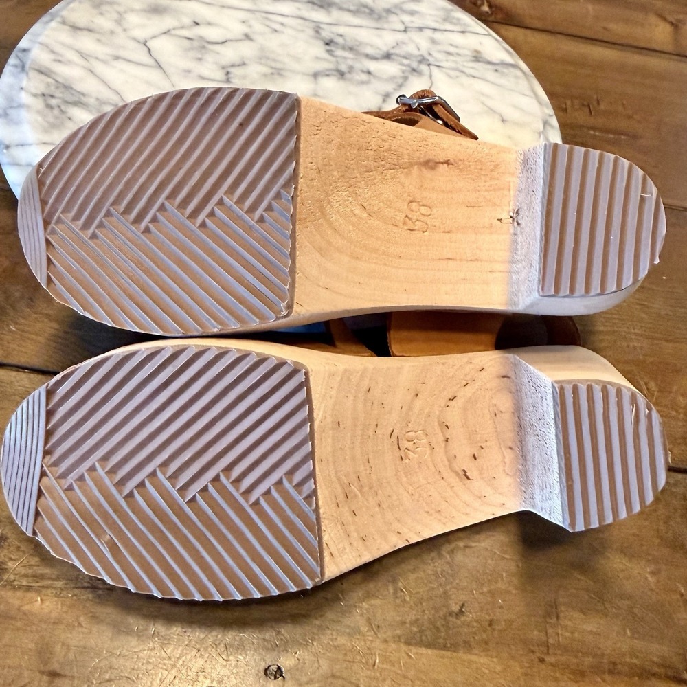 NEW Lotta from Stockholm Tan Wood Wooden Clog Sandals Leather Buckle Strap EU 38 - Picture 7 of 8